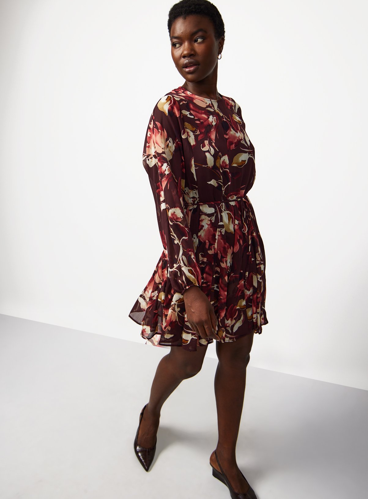 Dark Red Chiffon Skater Floral Mini Dress  8 - Image 2 thumbnail